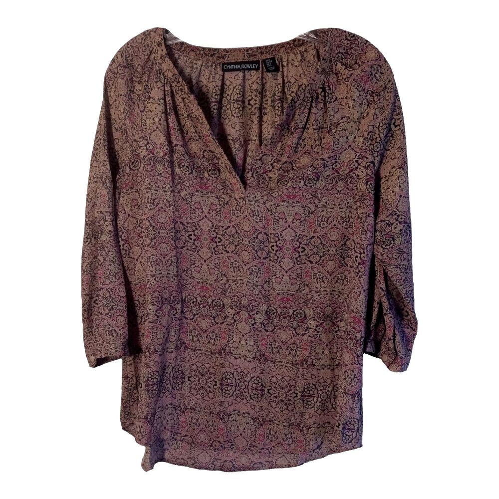 Cynthia Rowley Blouse Women Small Black Burgundy Pink Floral Paisley 3/4 Sleeve